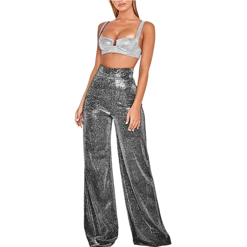 Damen Glitzer Crop Top & Weite Hose Set, Langarm, Hohe Taille