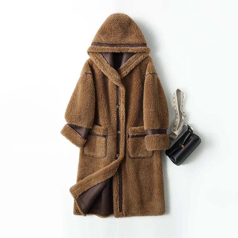 Damen Hooded Teddy Mantel Lang Flauschi Wintermantel mit Kapuze Braun