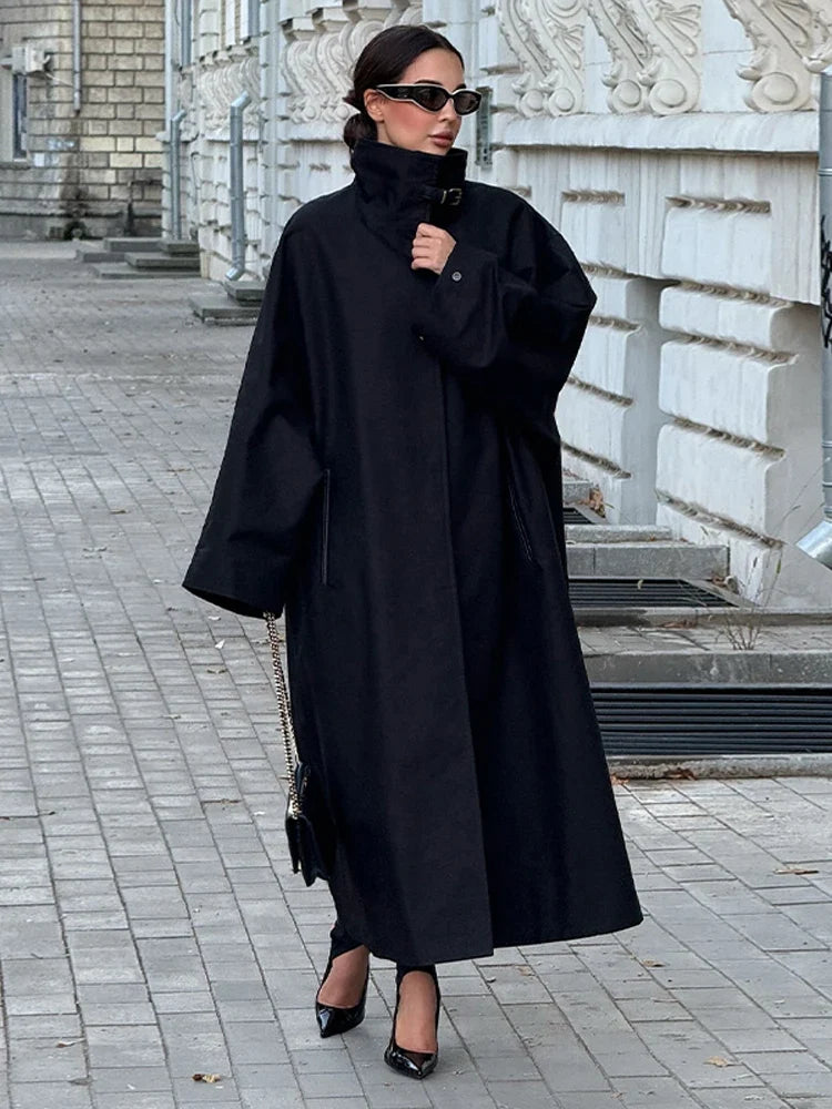 Damen Oversize Trenchcoat Mantel Lang Glockenärmel Stehkragen Gürtel Freizeit Jacke