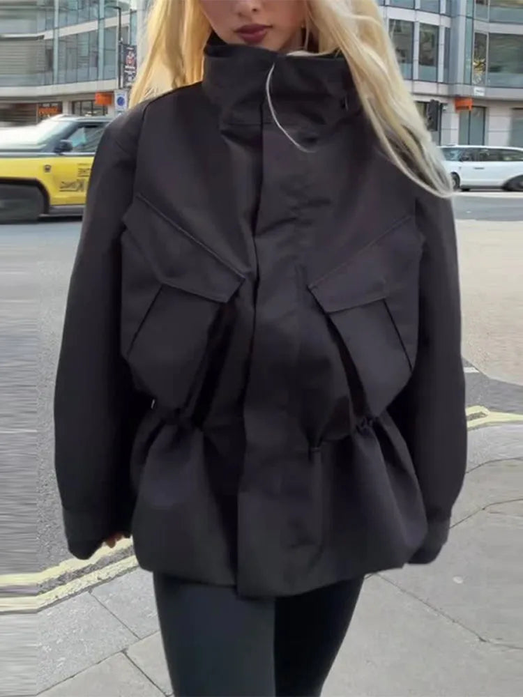 Damen Jacke Schwarz Kurz Kragen Weitenregulierbar