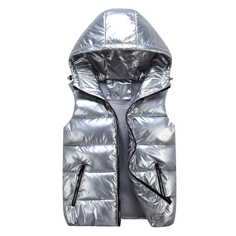 Unisex Steppweste mit Kapuze Glänzend Reißverschluss Daunenlook Freizeit Outdoor