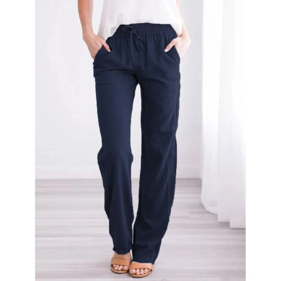 Damen Freizeithose Weites Bein Elastischer Bund Kordelzug Taschen