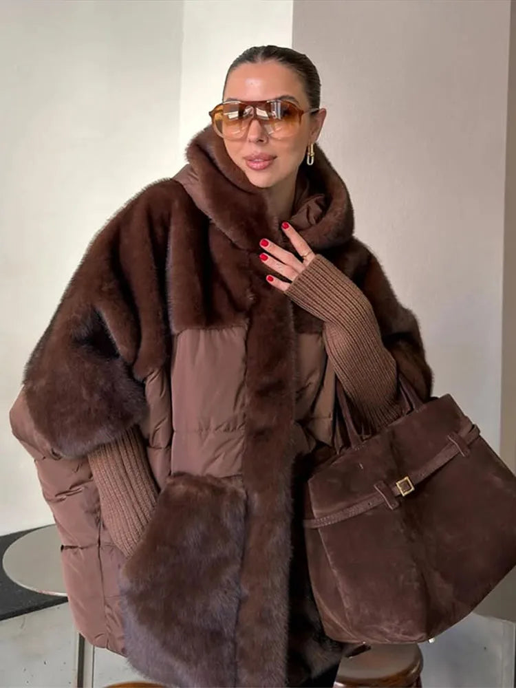 Damen Oversized Hybrid Jacke mit Kapuze, Teddyfell & Stepp-Optik