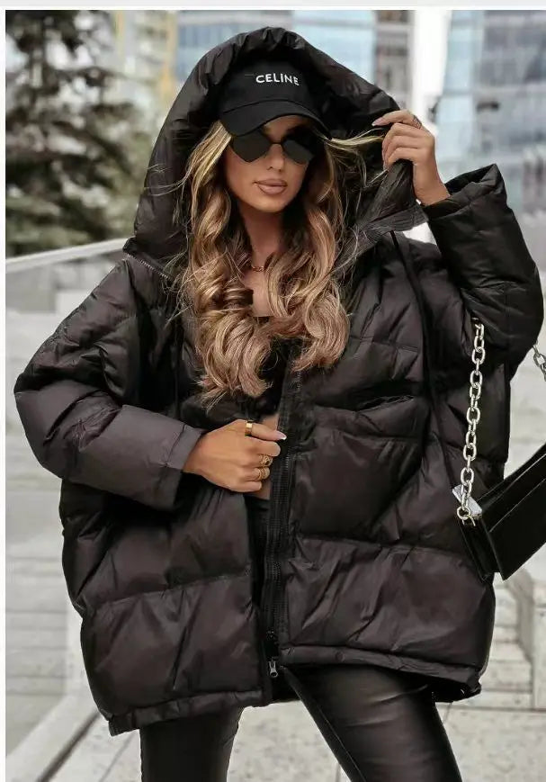 Damen Steppjacke mit Kapuze, kurz, Schwarz, gesteppt, Winterjacke
