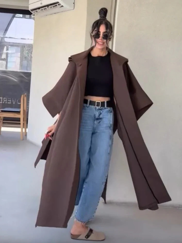 Damen Langer Mantel Braun Locker Oversize-Schnitt Mit Weiten Ärmeln
