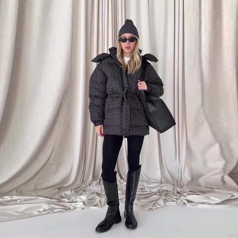 Damen Steppjacke mit Kapuze und Kordelzug, Braun/Beige/Schwarz