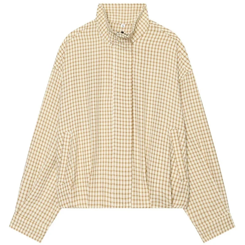Damen Kariertes Hemd Kragen Langarm Locker Oversized Bluse