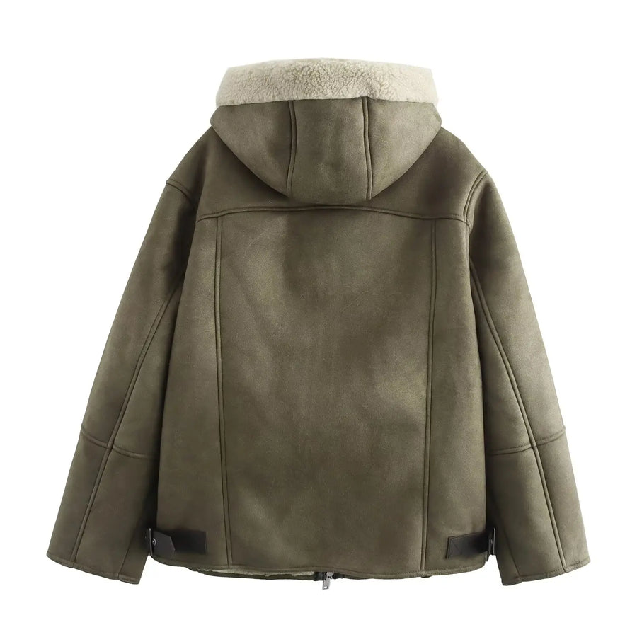 Kurze Kapuzenjacke olivgrün mit Teddyfutter Reißverschluss