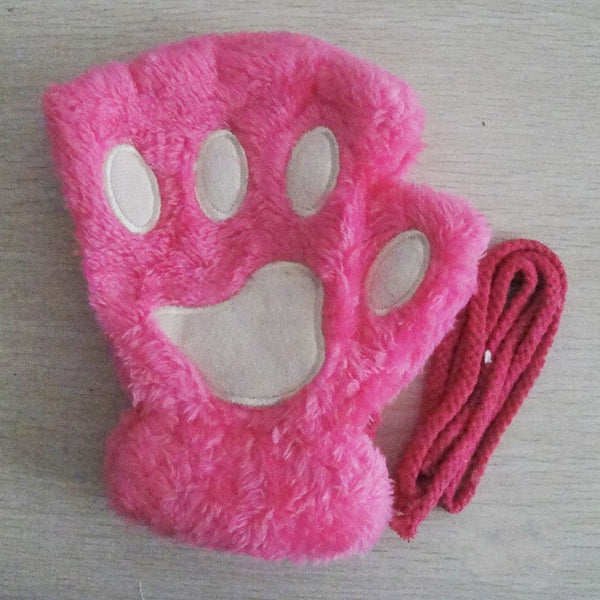 Unisex Plüschige Katzenpfoten-Handschuhe ohne Finger mit Pfotenabdruck und Band