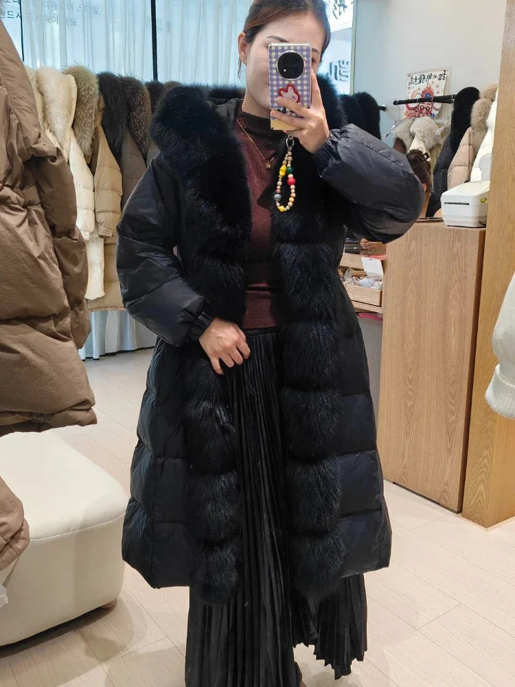 Damen Steppmantel Lang mit Kapuze und Pelzbesatz Winterjacke