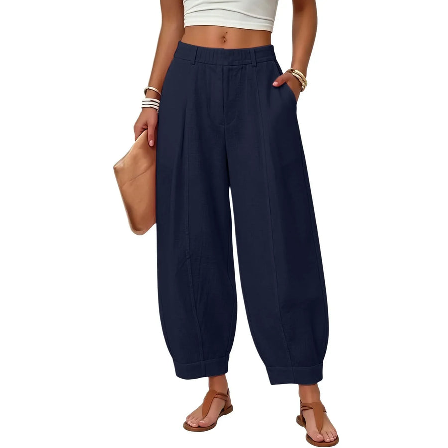 Dames linnen broek met wijde pijpen, hoge taille, elastisch, vrijetijdsbroek