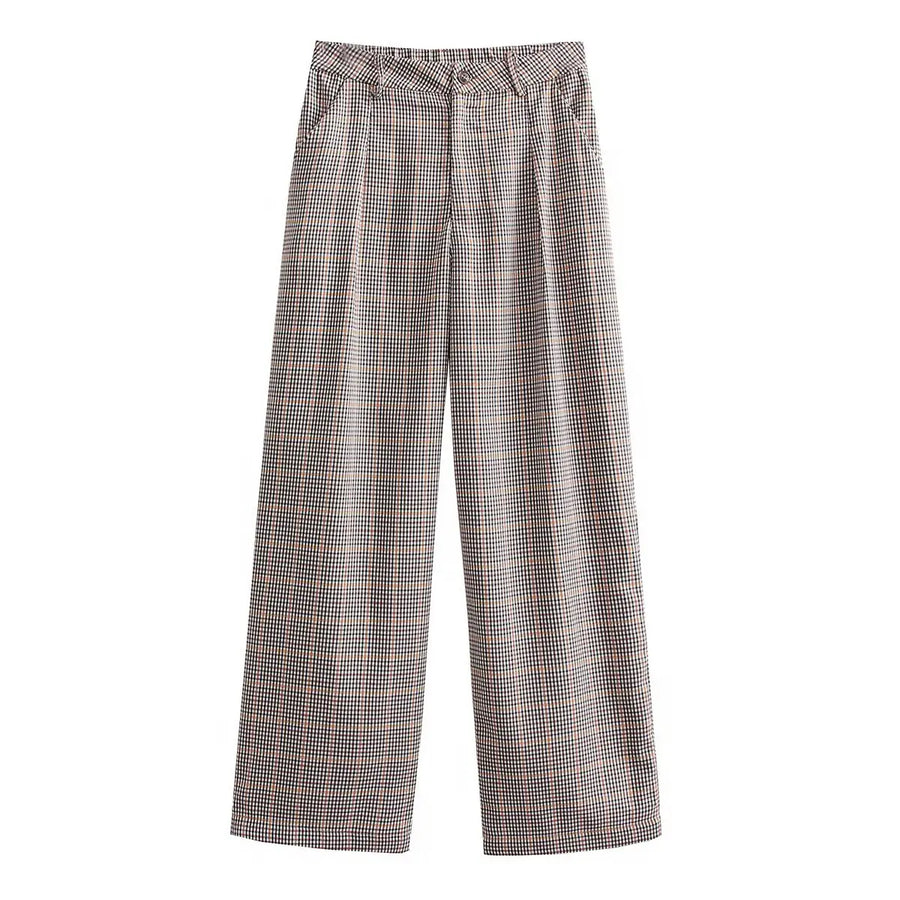 Geruite wide-leg broek voor dames met plooien, beige en bruin