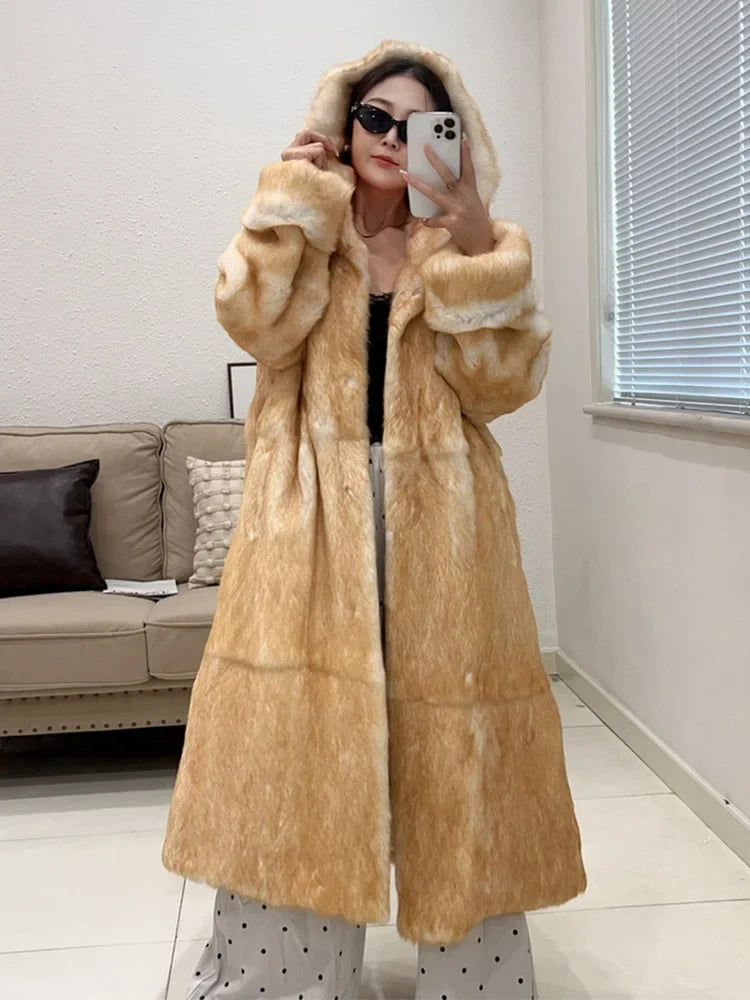 Damen Kapuzen Mantel Lange Kunstpelz Jacke Winter