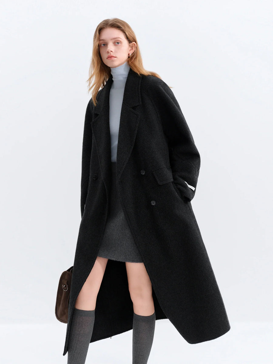 Damen Langer Mantel Zweireihig mit Reverskragen und Taschen Grün