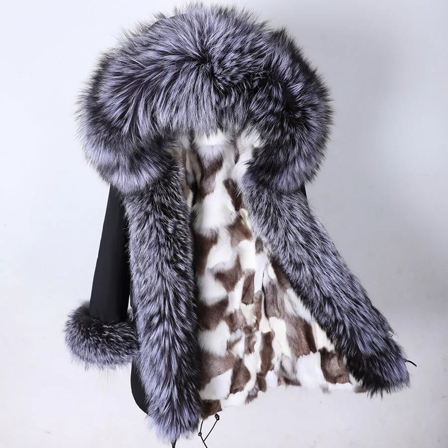Damen Winterparka mit Kapuze und Plüschfutter, Lange Winterjacke