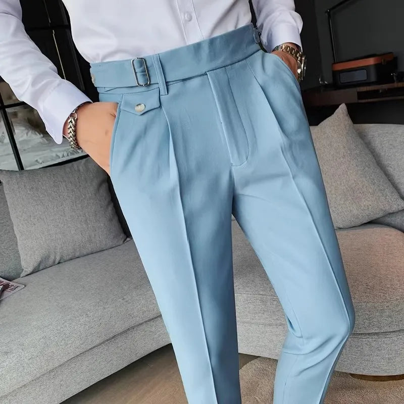 Herren Business Anzughose Slim Fit Bundfalten Hose mit Schnalle