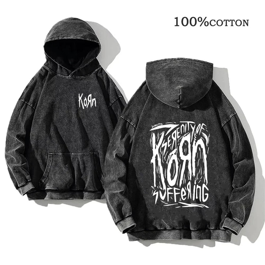 Korn Band Hoodie Unisex Washed Schwarz Kapuzenpullover Oversize