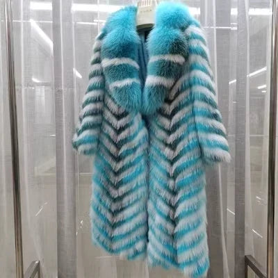 Damen Langer Mantel mit Pelz-Optik im Chevron-Muster