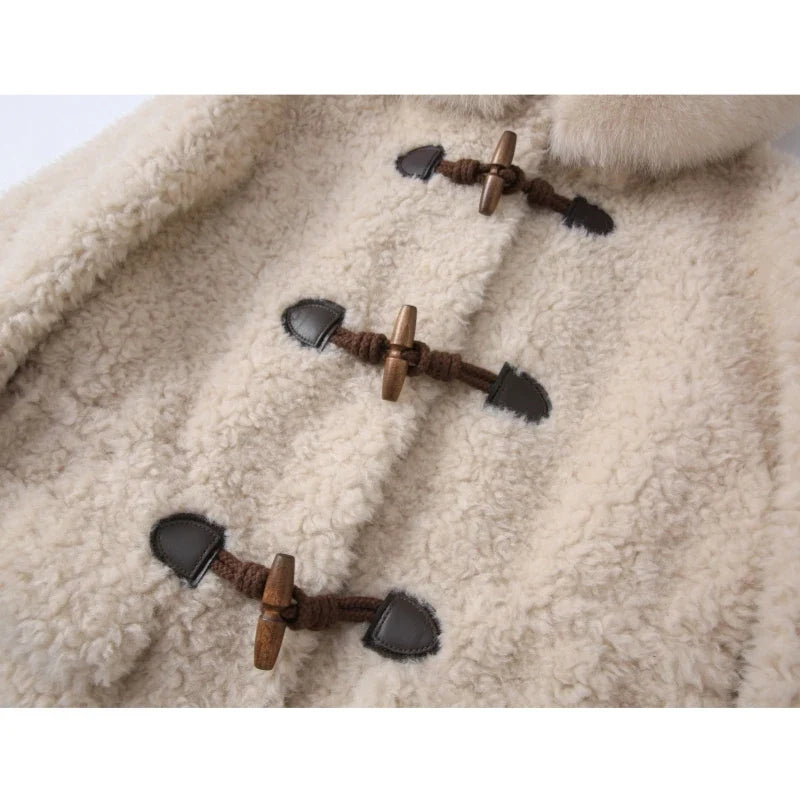 Damen Teddy-Mantel Beige mit Kapuze und Knebelverschlüssen