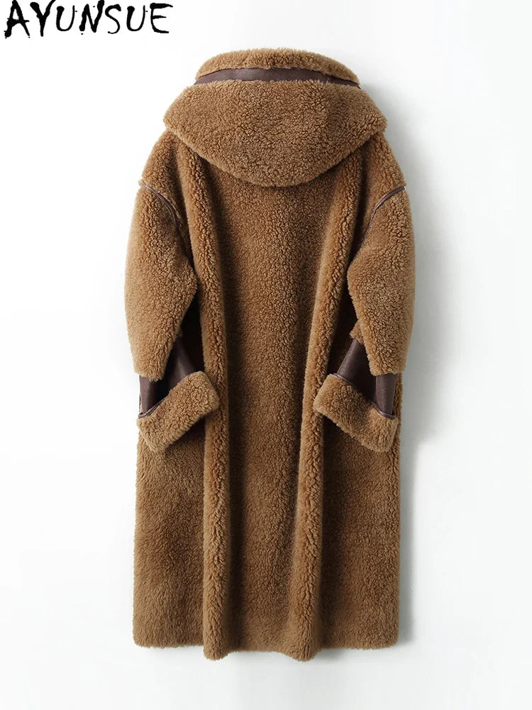 Damen Hooded Teddy Mantel Lang Flauschi Wintermantel mit Kapuze Braun