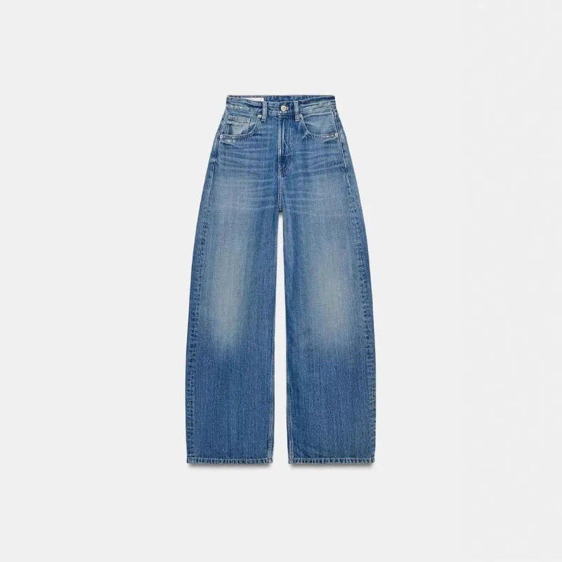 Jeans met wijde pijpen, hoge taille, lichtblauwe denim met contrasterende achterzakken