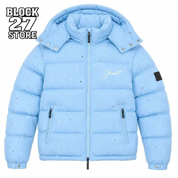 Gesteppte Winterjacke mit Kapuze für Herren, Hellblau mit Farbspritzern