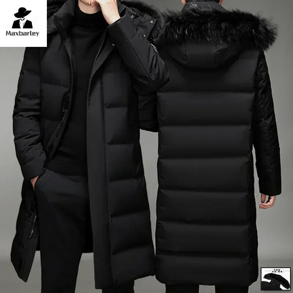Langer Herren Winter Steppmantel mit Kapuze und Fellimitat-Besatz