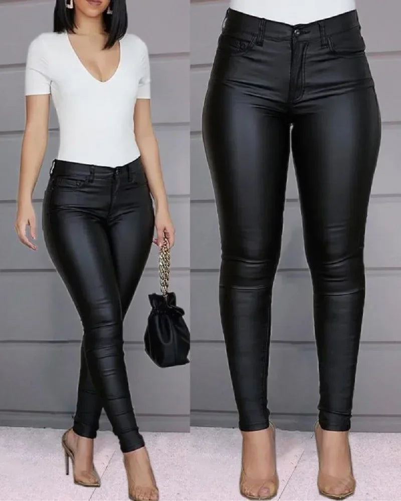 Skinnybroek voor dames in lederlook, zwart, slim fit