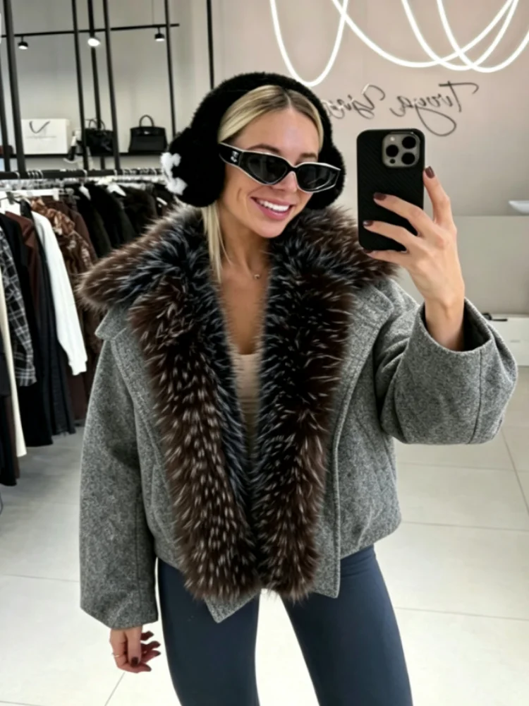 Damen Jacke Kurz Winterjacke mit Kunstpelzkragen Reißverschluss Grau