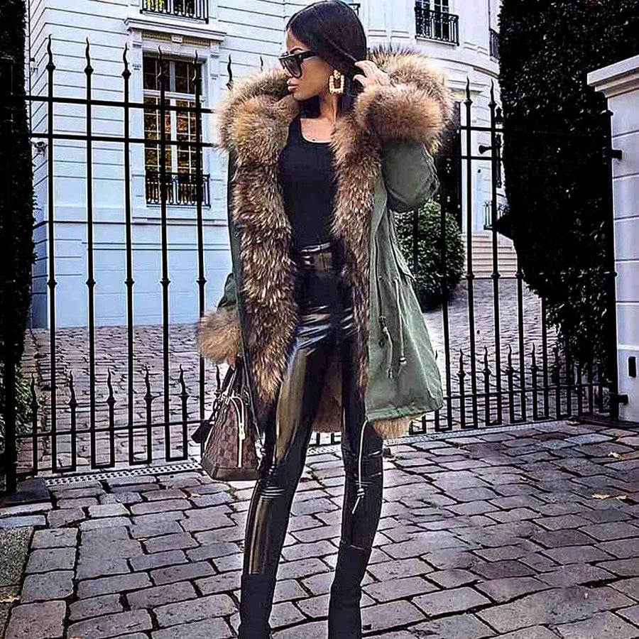 Damen Parka Jacke mit Kapuze und Fellimitatbesatz olivgrün