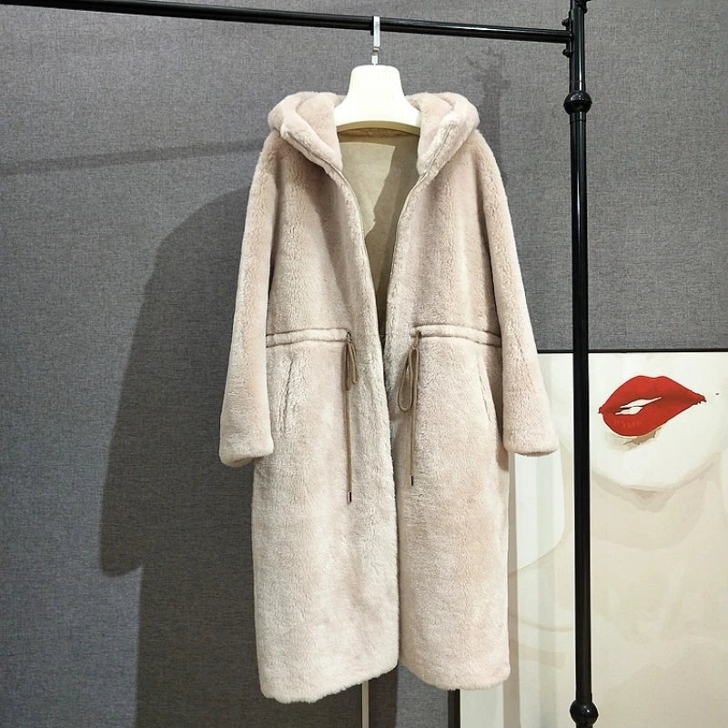 Teddyfell-Mantel mit Kapuze für Damen, Lang, Tunnelzug in der Taille
