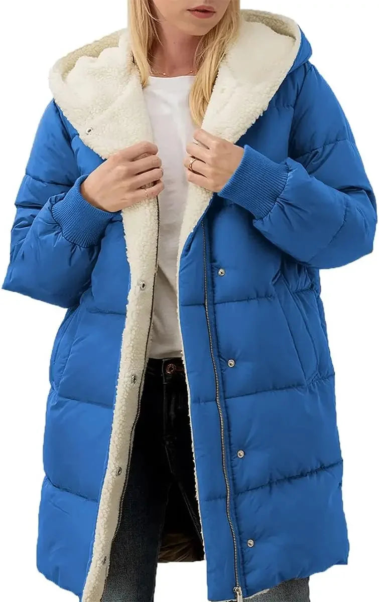 Damen Langer Steppmantel mit Kapuze und Teddyfutter, Winter Warme Jacke