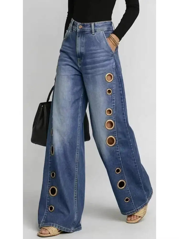 Damen Weite Jeans mit Ösen - Locker geschnitten, Hoher Bund