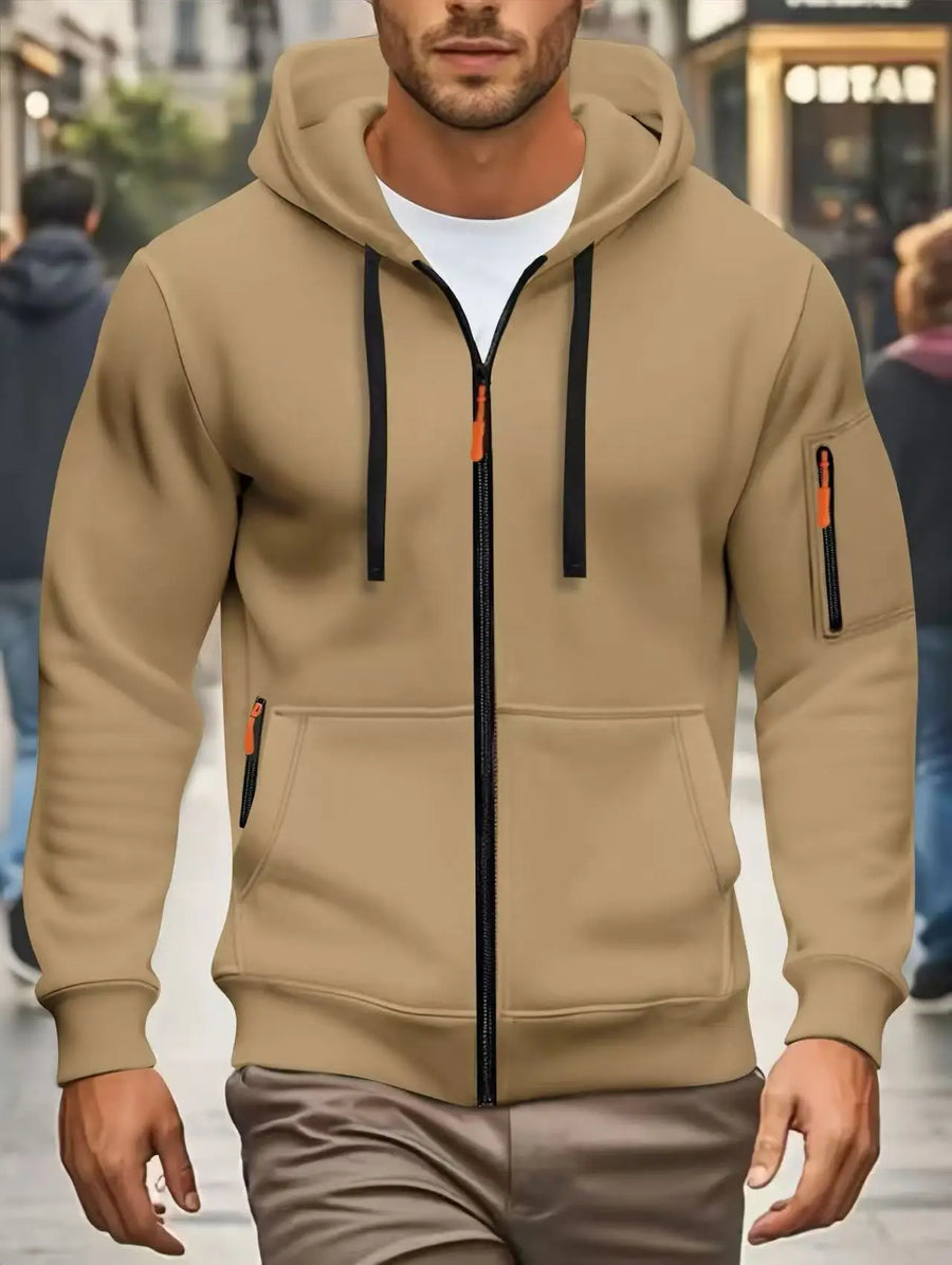 Herenhoodie met rits en zakken, olijfgroen