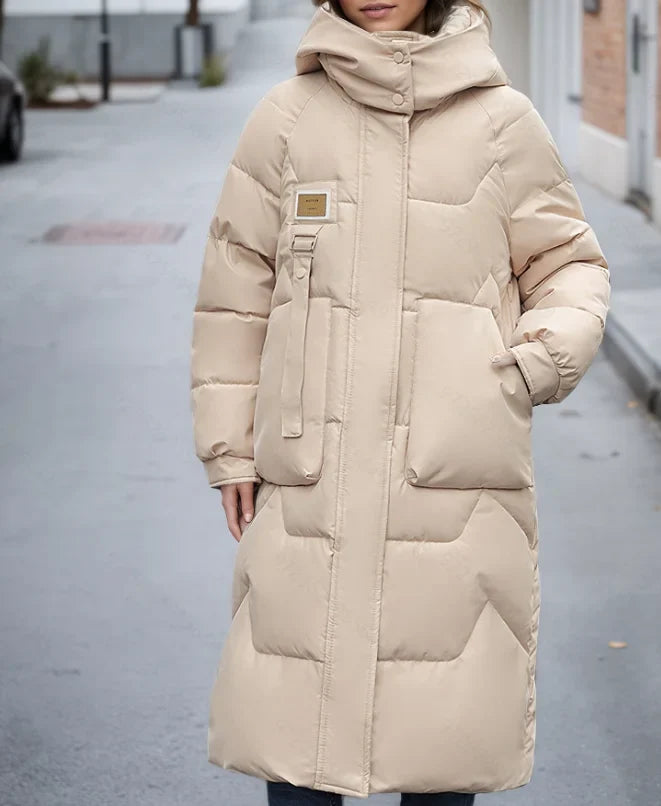 Damen Langer Steppmantel mit Kapuze – Warm & Winddicht Schwarz