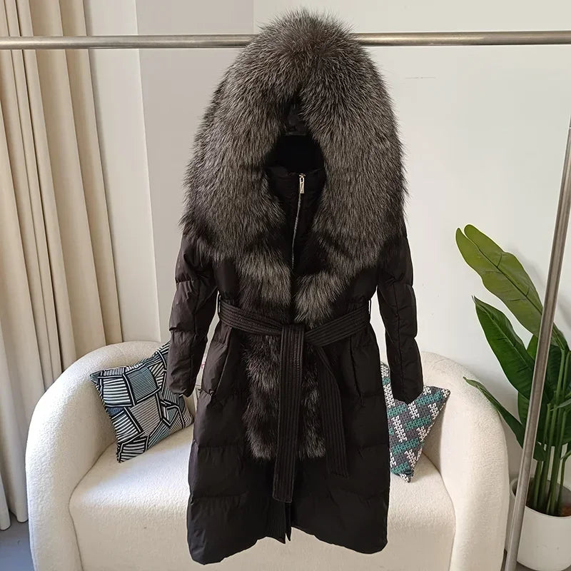 Damen Winter Steppmantel Lang mit Kapuze und Kunstpelzbesatz Gürtel