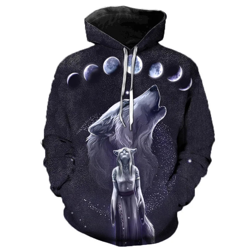 Unisex hoodie met wolvenmotief, kleurrijke 3D-print en trekkoord
