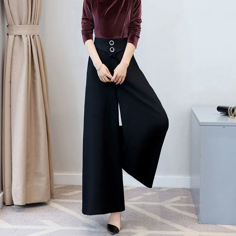 Damen Palazzo Hose Schwarz Weites Bein Hoher Bund