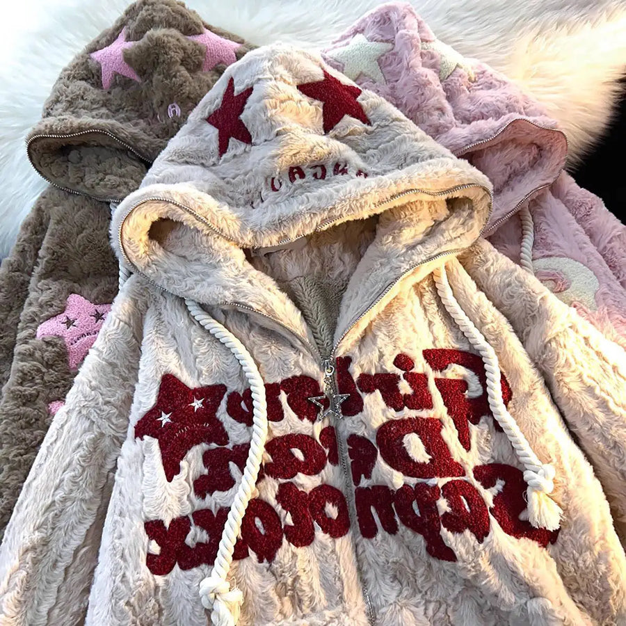 Flauschiger Hoodie mit Sternen & Reißverschluss für Damen