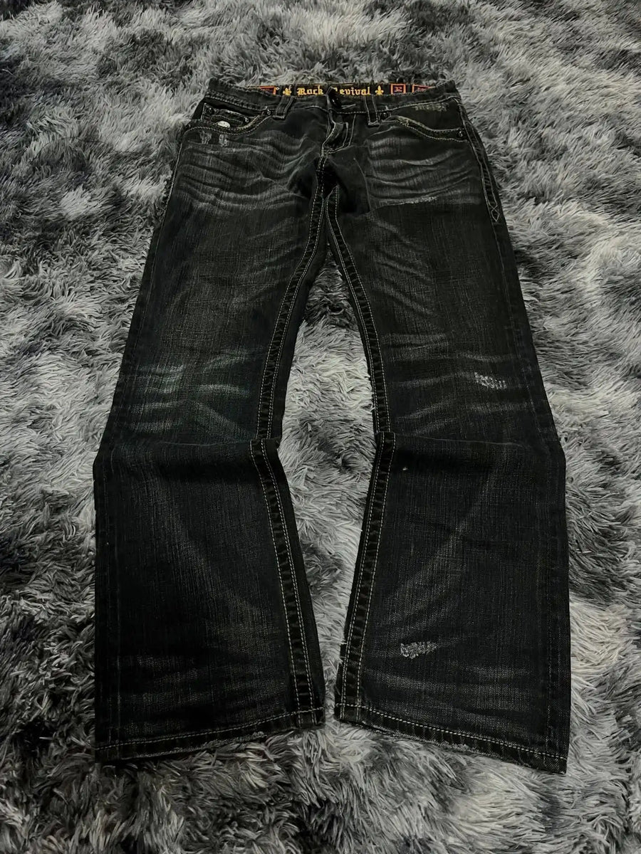 Unisex Jeanshose Weites Bein Schwarz Used-Look mit Kette