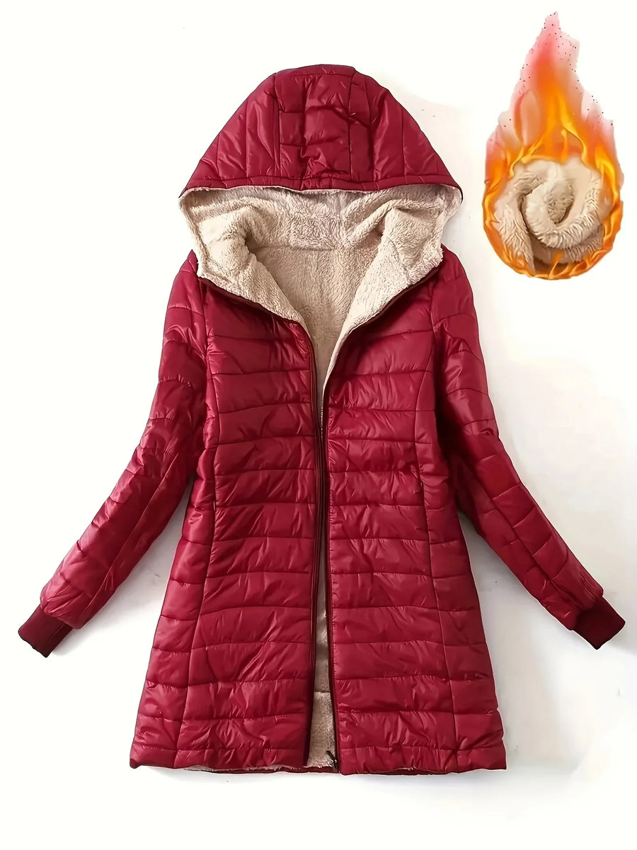 Damen Steppjacke mit Kapuze, gefüttert, lang geschnitten, Warm
