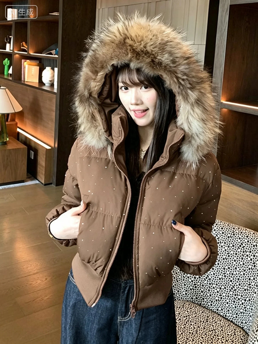 Kurze Damen Winter Daunenjacke mit Fellkapuze und Glitzer-Punkten