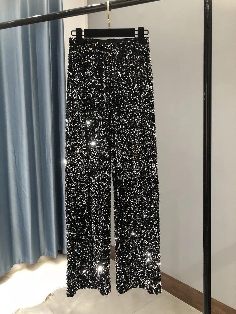 Damesbroek met wijde pijpen, glitter en pailletten, feestelijk en geschikt voor feestjes, hoge taille