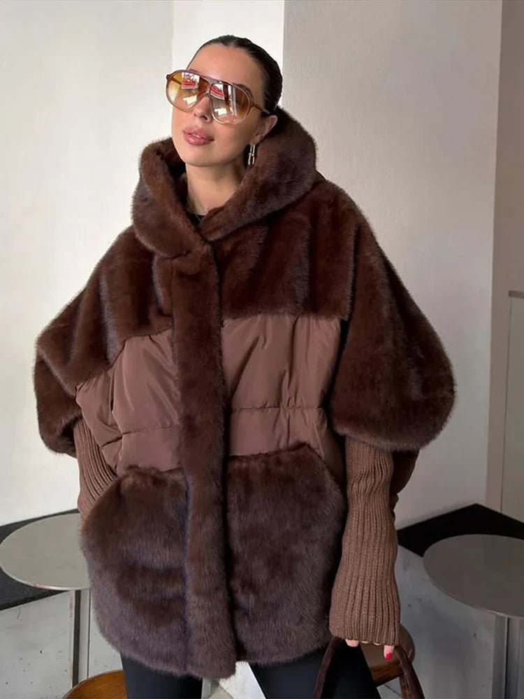Damen Oversized Hybrid Jacke mit Kapuze, Teddyfell & Stepp-Optik