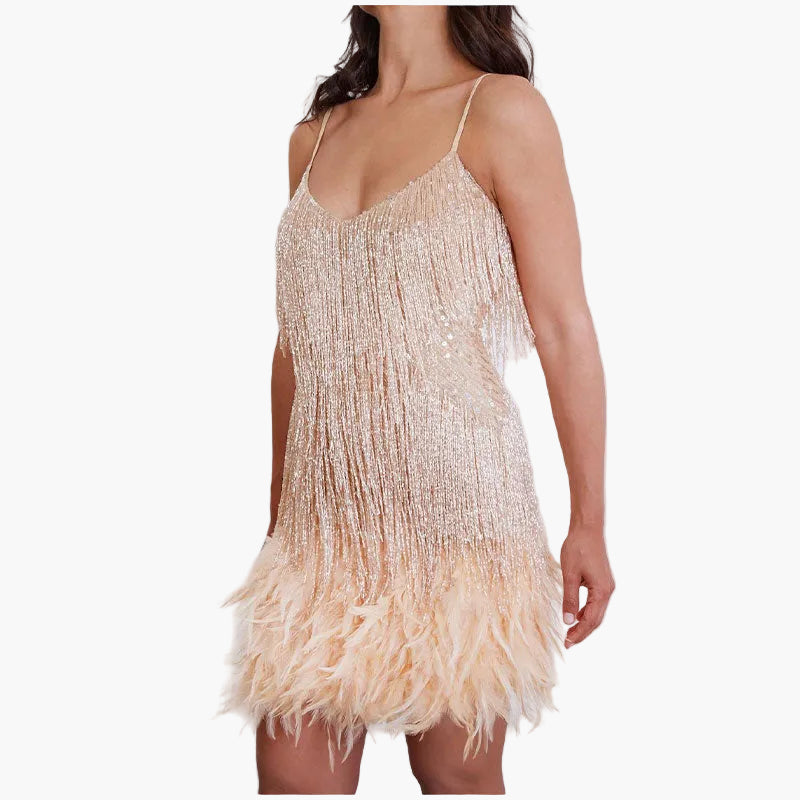 Damen Cocktailkleid mit Fransen und Federn – Glamouröses Partykleid im 20er Jahre Stil