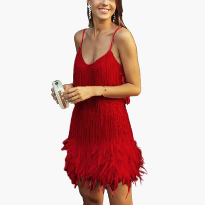 Damen Cocktailkleid mit Fransen und Federn – Glamouröses Partykleid im 20er Jahre Stil