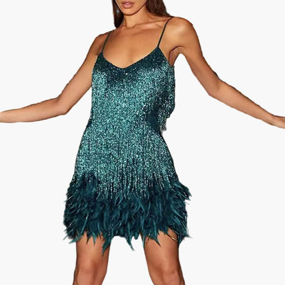 Damen Cocktailkleid mit Fransen und Federn – Glamouröses Partykleid im 20er Jahre Stil