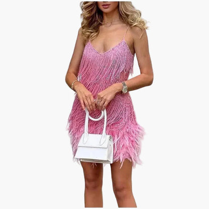 Damen Cocktailkleid mit Fransen und Federn – Glamouröses Partykleid im 20er Jahre Stil