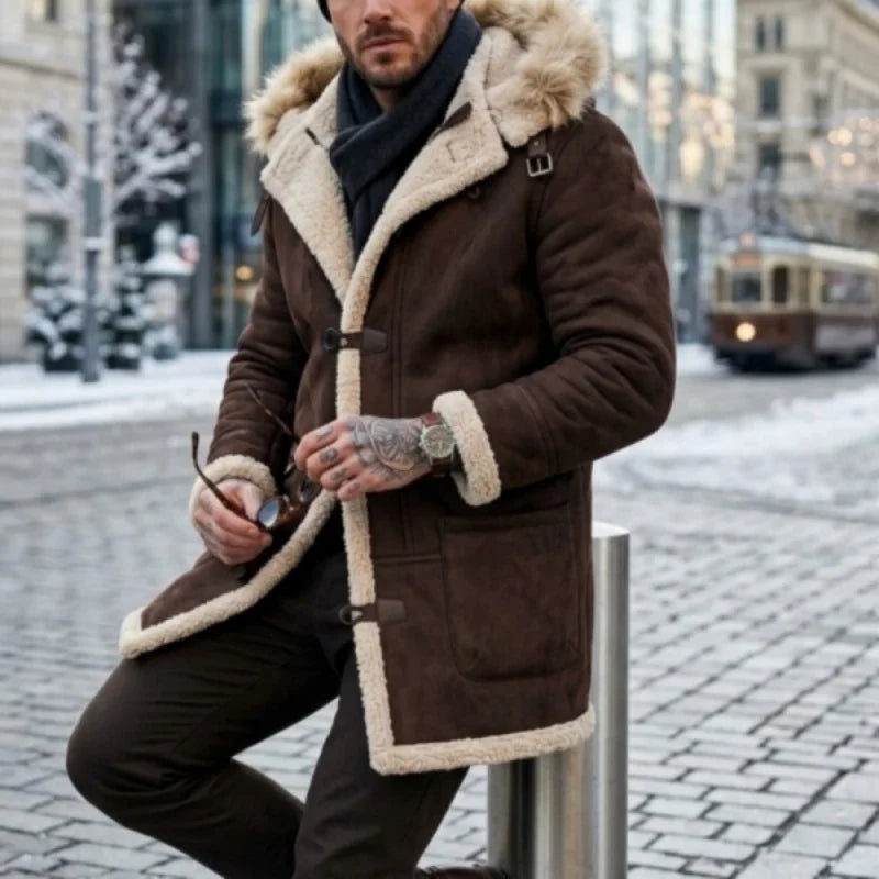 Herren Wintermantel mit Kapuze und Fellimitat-Futter