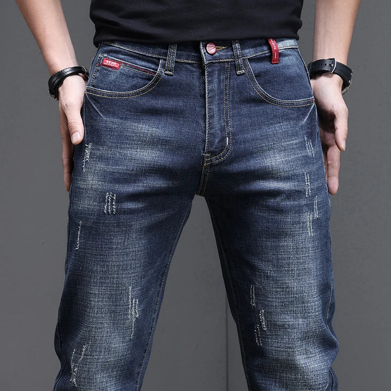 Herren Slim Fit Jeans Dunkelblau mit Destroyed-Effekten